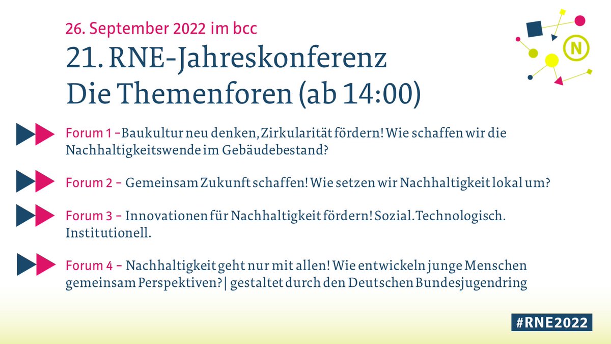 Auf der Jahreskonferenz bringen wir am Nachmittag in vier Themenforen das Gemeinschaftswerk Nachhaltigkeit <a href="/gw_undjetztalle/">Gemeinschaftswerk Nachhaltigkeit</a> in die Umsetzung! #RNE2022 Jetzt anmelden unter nachhaltigkeitsrat.de/termine/21-jah…