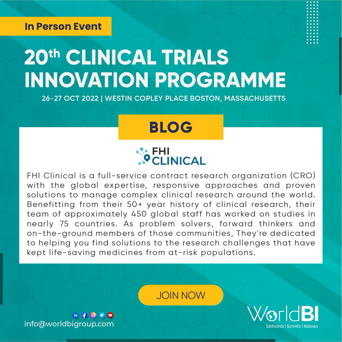 WorldBI_Uk's tweet photo. Meet @FHIClinical at the #20thClinicalTrialsInnovationProgramme
Read full Blog: https://t.co/oQaz8hnAgQ
Register Now: https://t.co/GJLDo0EUOZ
#clinicaltrials #clinicalresearch #Clinicaltrials #Conferencesuk #ClinicalTrialsInnovationProgramme #ClinicaltrialsConferences2022 https://t.co/W9BcuuhgnE