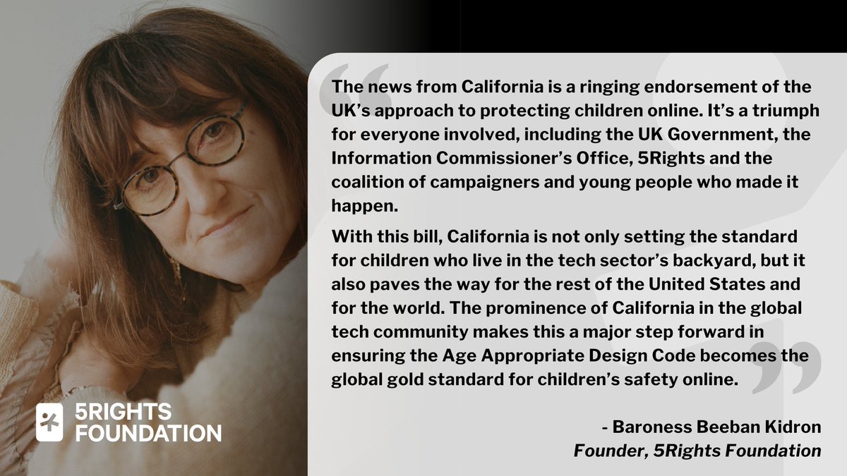 5RightsFound's tweet image. 🎉 On Monday, the California State Senate voted 33-0 in favour of the #CAKidsCode.

👏 The UK #ChildrensCode has already brought hundreds of changes already, and now California will bring the world one step closer to delivering the digital world that young people deserve.