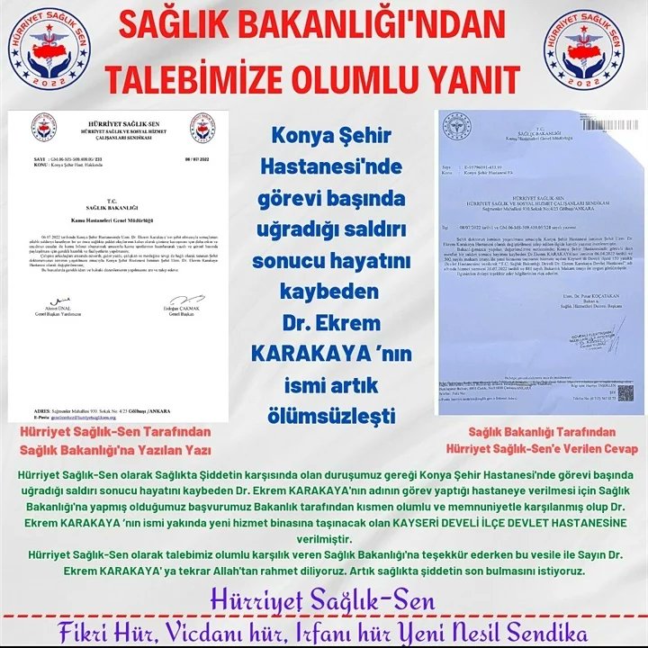 hursagliksen's tweet photo. #SAĞLIK #BAKANLIĞI'NDAN #TALEBİMİZE #OLUMLU #YANIT
◾Konya Şehir Hastanesi'nde görevi başında uğradığı saldırı sonucu hayatını kaybeden
Dr. Ekrem KARAKAYA ’nın ismi artık ölümsüzleşti.
https://t.co/YlnqIRXraz https://t.co/gKReuVTsud