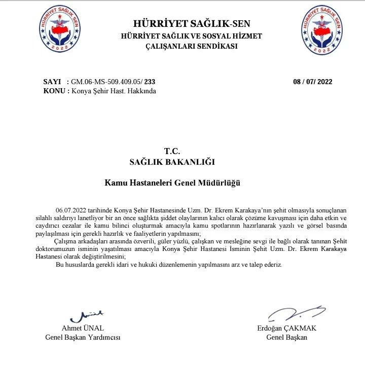 hursagliksen's tweet photo. #SAĞLIK #BAKANLIĞI'NDAN #TALEBİMİZE #OLUMLU #YANIT
◾Konya Şehir Hastanesi'nde görevi başında uğradığı saldırı sonucu hayatını kaybeden
Dr. Ekrem KARAKAYA ’nın ismi artık ölümsüzleşti.
https://t.co/YlnqIRXraz https://t.co/gKReuVTsud