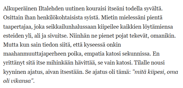 Koska ihmisiltä on unohtunut tämä Matias Turkkilan kommentti siitä, miten hän suhtautui Stockmannin katolta pudonneeseen pieneen poikaan, niin haluaisin kokeilla Internetin voimaa ja selvittää, saako tämän jaettua tänään niin monta kertaa, että koko Suomitwitter näkee?