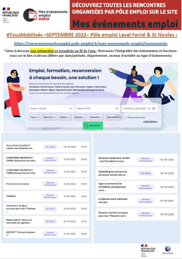 📢NOUVEAU⚠️Pour accélérer votre retour à l'emploi, découvrez "Mes Evénements Emploi"😀 
Simple et rapide: inscrivez-vous en toute autonomie aux événements qui vous intéressent👍  
Déjà + de 20 actions organisées en <a href="/lamayenne/">La Mayenne, le Département</a> en 09/22, découvrez les ici👉 mesevenementsemploi.pole-emploi.fr/mes-evenements…