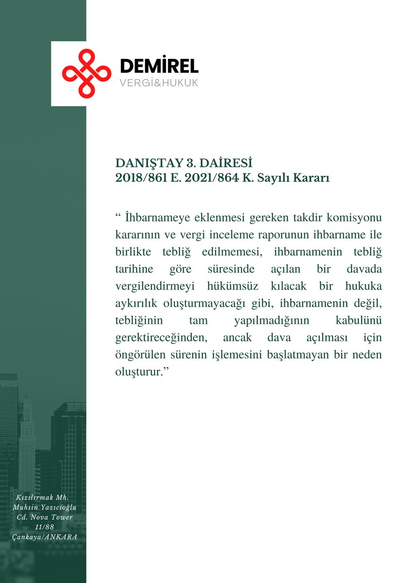 Dava açma süresini kaçırdığınız Vergi/Ceza İhbarnamelerine ilişkin yapılan tebligatları kontrol edin. 

Ekinde takdir komisyonu kararı ve VİR yoksa tebliğ tam yapılmadığından 30 günlük dava açma süresi başlamamıştır. 

#vergi #vergihukuk #vergicezası #ihbarname