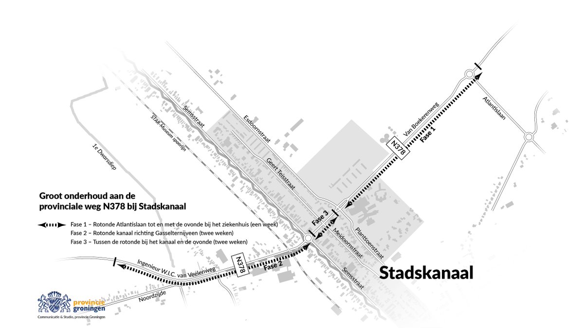 🚧De N378 bij Stadskanaal is vanaf 12 september ongeveer 5 weken afgesloten. Het asfalt wordt vervangen en er wordt groot onderhoud uitgevoerd. Doorgaand verkeer kan omrijden via de N374, N366 en N33. Lees meer 👇
provinciegroningen.nl/actueel/nieuws…