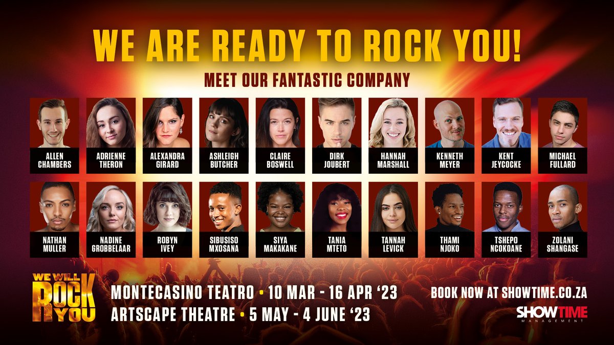 We Will Rock You at @MONTECASINOZA and @ArtscapeTheatre in 2023! Meet the all-SA cast that brings this revolutionary musical to life! Featuring 24 of Queen's greatest hits, WWRY is guaranteed to blow your mind. Book now bit.ly/WWRYSA #RockYouSA #RockTheWorld