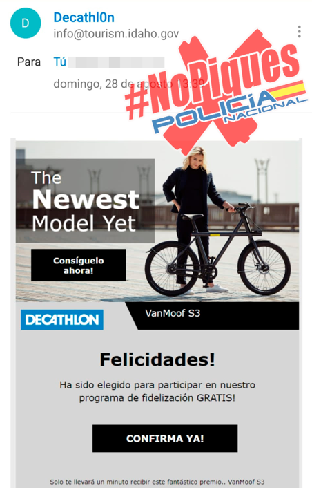 policia's tweet photo. Lo sentimos pero... NO, NO ESTÁS DE SUERTE ❌

@DecathlonES no está enviando estos correos 📬

Los #estafadores utilizan su ingenio para poder acceder a tus #datos  

Si te llega 👉Ignora y elimina🗑 https://t.co/nkjz1HfMIB