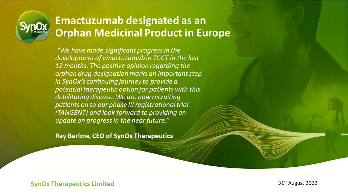 SynOx_Tx's tweet photo. SynOx’s lead candidate #Emactuzumab designated an #OrphanMedicinalProduct for the treatment of Tenosynovial Giant Cell Tumour (#TGCT). Read the full press release here:  https://t.co/Z5IfSinKRC and more about TANGENT (#TANGENT) here: https://t.co/v71tyW9Vi6 https://t.co/03vl7wpwLH