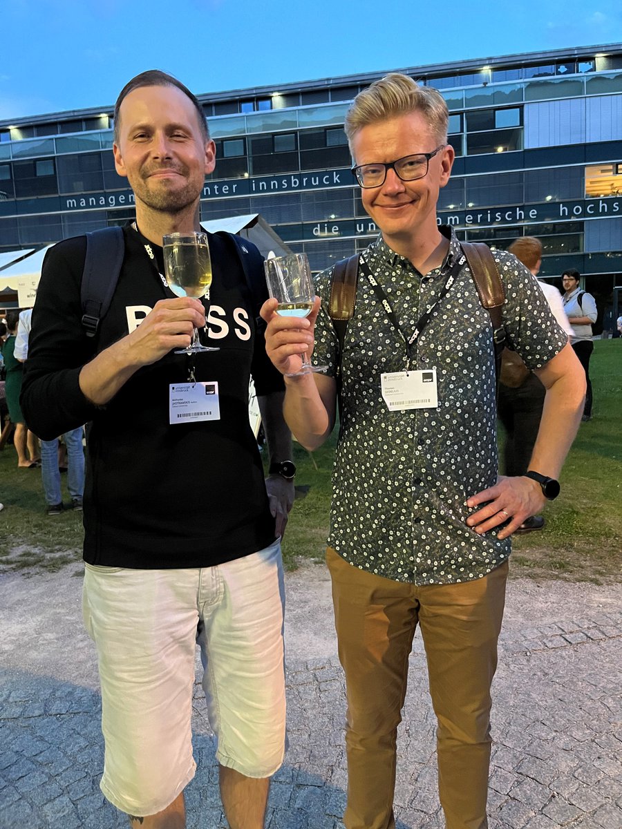 Two happy <a href="/PresidPolitics/">Ecpr_PresidPolitics</a> colleagues at the last night of the #ecprgc22 at <a href="/uniinnsbruck/">@uniinnsbruck@social.uibk.ac.at</a> . Great memories to keep for coming days of a dark Swedish autumn. Thank you all!