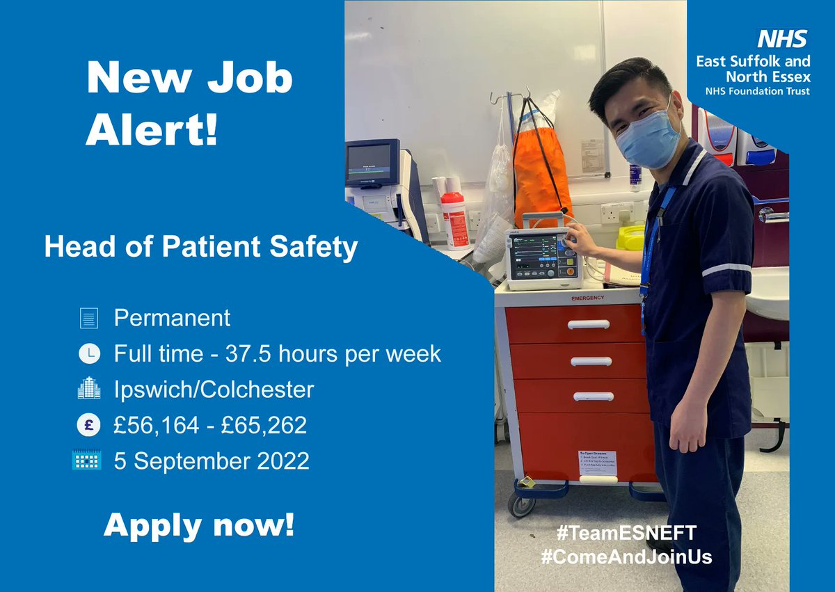Want to play a key role in helping to make a difference to patient safety at ESNEFT? 👇 👇 👇 #TeamESNEFT #ComeAndJoinUs

💻 Apply now: buff.ly/3PN4cAf 

#NHS #Safety #Patients #Healthcare #NHSJobs #Work #HiringNow #RecruitingNow #TimeToShine #Job #Career #Hospital