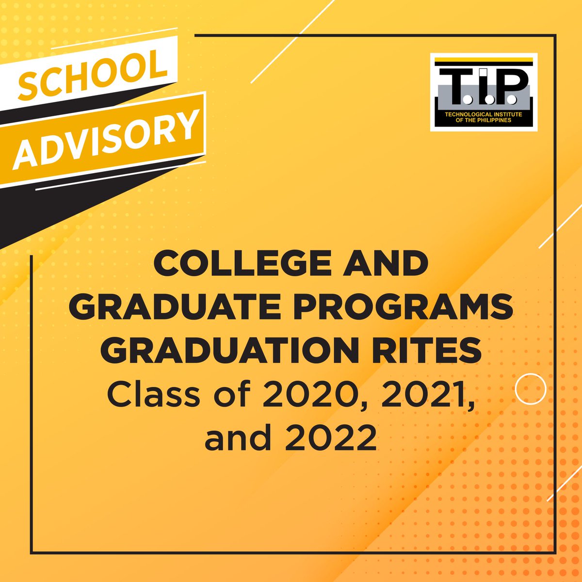 TIP1962official's tweet photo. 𝗕𝗥𝗘𝗔𝗞𝗜𝗡𝗚:  The planning for face-to-face graduation rites for college and graduate programs Class 2020, 2021, and 2022 of T.I.P. Manila and T.I.P. Quezon City is underway. Stay tuned to our official FB page and T.I.P. website for more details. https://t.co/ePmUKkdcIO