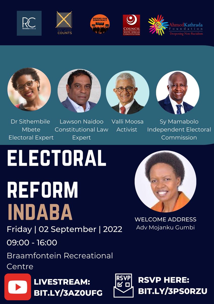 Join CASAC and <a href="/MVC_SA/">My Vote Counts 🇵🇸</a> and other organisations for the Electoral Reform Indaba via livestream on Friday 02 Sept. from 9am BIT.LY/3AZOUFG
