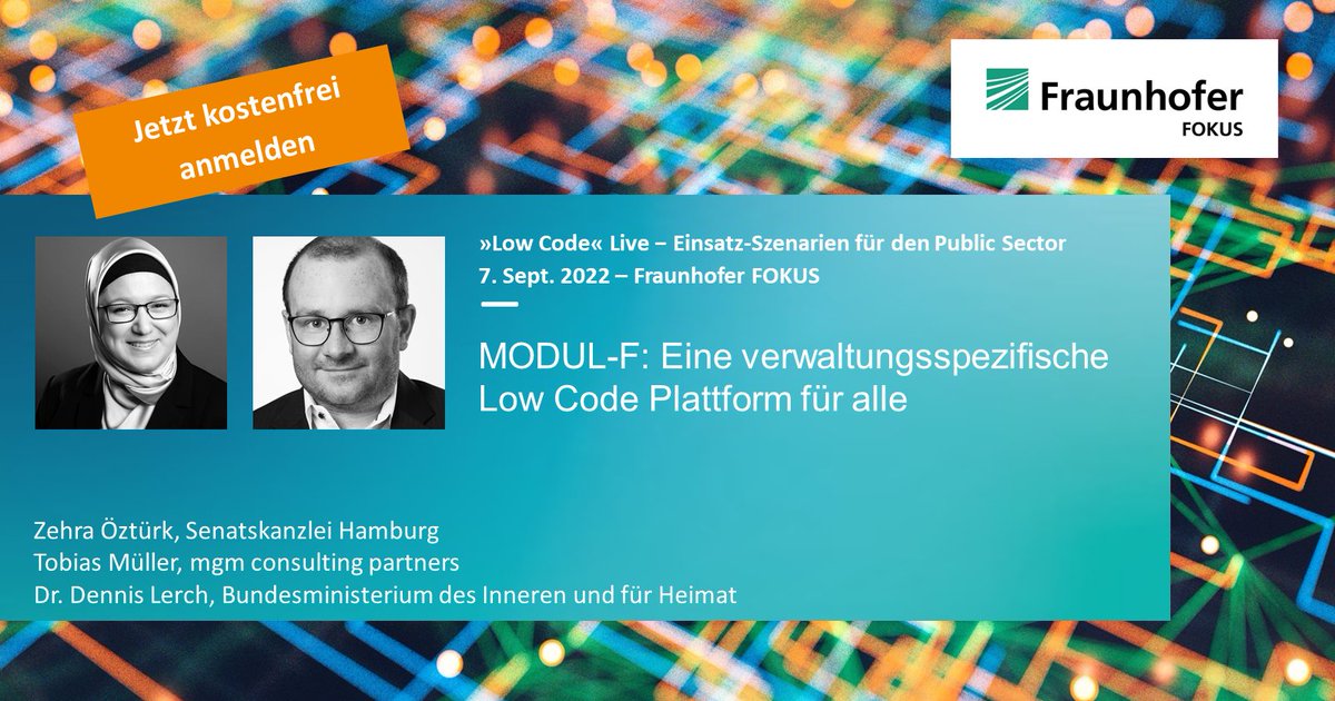 FOKUSpublic's tweet photo. #LowCodeLive am 7.9.📅: Ein Beispiel für eine verwaltungsspezifische Low Code-Plattform zeigen @ZehraOriginal Senatskanzlei Hamburg, Dr. Dennis Lerch @BMI_Bund und Tobias Müller  mgm consulting partners mit #MODULF

➡️Jetzt nur noch bis Freitag anmelden:
https://t.co/BhpJdemJsa https://t.co/7cxEjehVbD