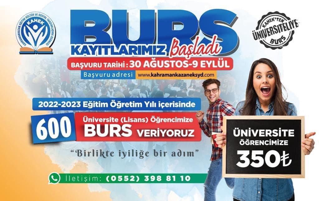 Sevgili Gençler;
Kahramankazan Eğitim, Kültür ve Sosyal Yardımlaşma Derneğimizin Burs Başvuruları Başladı. 

2022 / 2023 öğrenim dönemi burs başvuruları 30 Ağustos - 9 Eylül 2022 tarihleri arasında online yapılacaktır.

Başvuru ve Detaylı Bilgi; ⬇️

kahramankazaneksyd.com