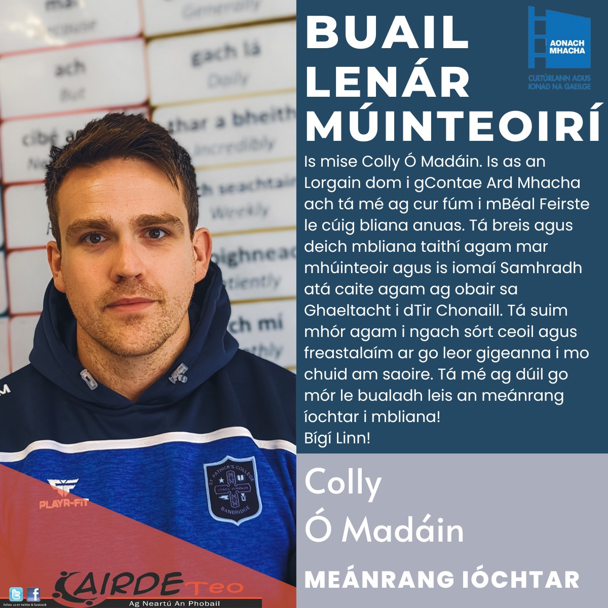 An chéad duine eile atá linn do na ranganna ná Colly Ó Madáin atá ag glacadh an Meánrang Íochtar 😀
Cláraigh anois anseo - 
cairdeteo.com/events/autumn-…