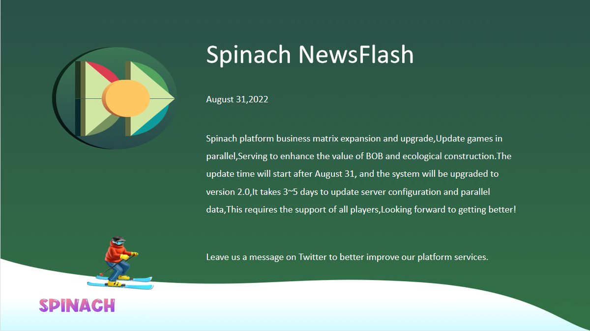 SpinachGameFi's tweet photo. Spinach NewsFlash
August 31,2022
Spinach platform business matrix expansion and upgrade,Update games in parallel,Serving to enhance the value of BOB and ecological construction. https://t.co/olBe556kr0