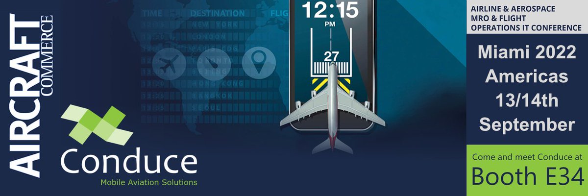 ConduceGroup's tweet photo. Want to find out more about Conduce's world leading #ElectronicTechnicalLogbook? Come and meet us at the @AircraftCommrce #Miami #MRO &amp; #FlightOps conference! We're on Booth E34 and James Russell and Mariana Galindo Sánchez will be delighted to give you a demo! https://t.co/Dq0N6PAjFu