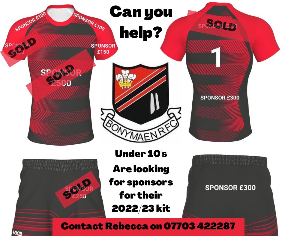 Spaces are going well for the sponsorship of the U10's Bonymaen Rugby team!  The graphic below shows what spaces are left!  Would be great to have some local businesses on board.  Contact myself or Bec (details on pic)