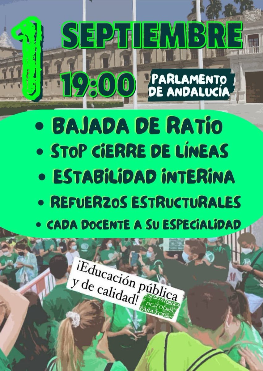 📣Mañana es el gran día para defender la pública📣

📣Cada docente a su especialidad.
⤵️Bajada de ratio.
🧑🏻‍🏫Refuerzos “Covid” estructurales.
⛔️Stop cierre de líneas.
💚Estabilidad interina.
#tutoriasprimaria038
#cadadocentesuespecialidad
#bajadaderatioYA
#StopCierreLíneasPúblicas