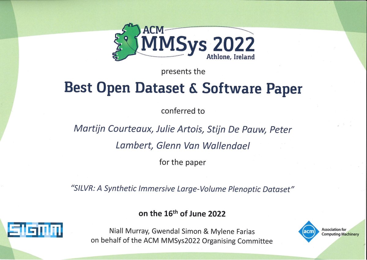 Happy to share that our public #dataset "SILVR: A Synthetic Immersive Large-Volume Plenoptic Dataset" was recognized as Best Open Dataset &amp; Software Paper during <a href="/acmmmsys/">ACM MMSys</a> 2022. Details on our website (media.idlab.ugent.be/SILVR) or <a href="/github/">GitHub</a> page (idlabmedia.github.io/large-lightfie…).