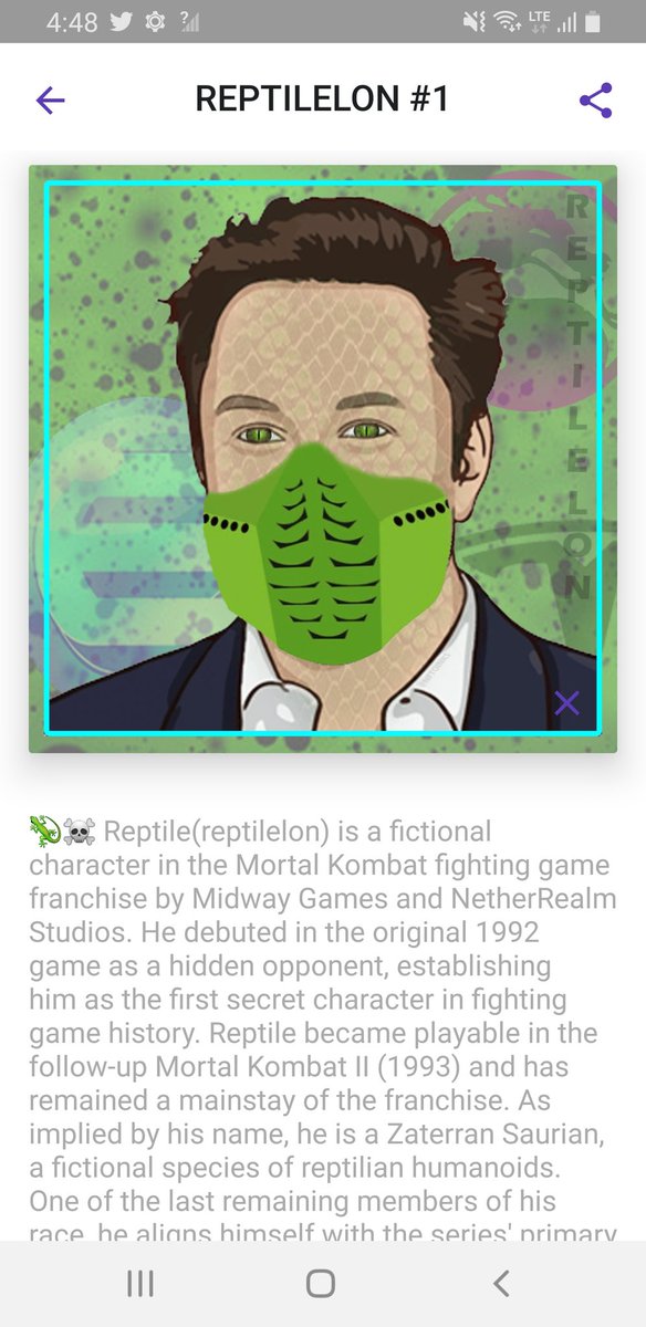 NFToinks's tweet photo. 🎭ElonMask ❌ MortalKombat🥋
“Tip eht fo mottob” -reptile
🧪☠REPTILELON(reptile)
Supply : 10(collapsing) 💥
Grab yours now‼️
⏬⏬⏬
https://t.co/vswqCNcKBN
#Enjin #EnjinNFT #LunaCrush #NFToinks https://t.co/pRad6IUvs1