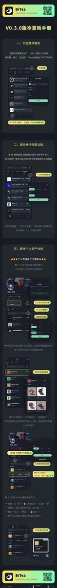 Bitea V0.3.0版本更新，新功能：

1.推特指数：粉丝数，kol关注量，涨粉速度。
2.持仓分析：精确到每个项目的gas费，版税，成本，收入，收益比例。
3.项目方推特实时转发➕翻译。

follow <a href="/Asher_0210/">Asher</a>  <a href="/BiTea_one/">BiTea</a> 

前 100 位点赞转推的小伙伴，私聊我互动截图证明即可成为内测用户，体验全系列功能。