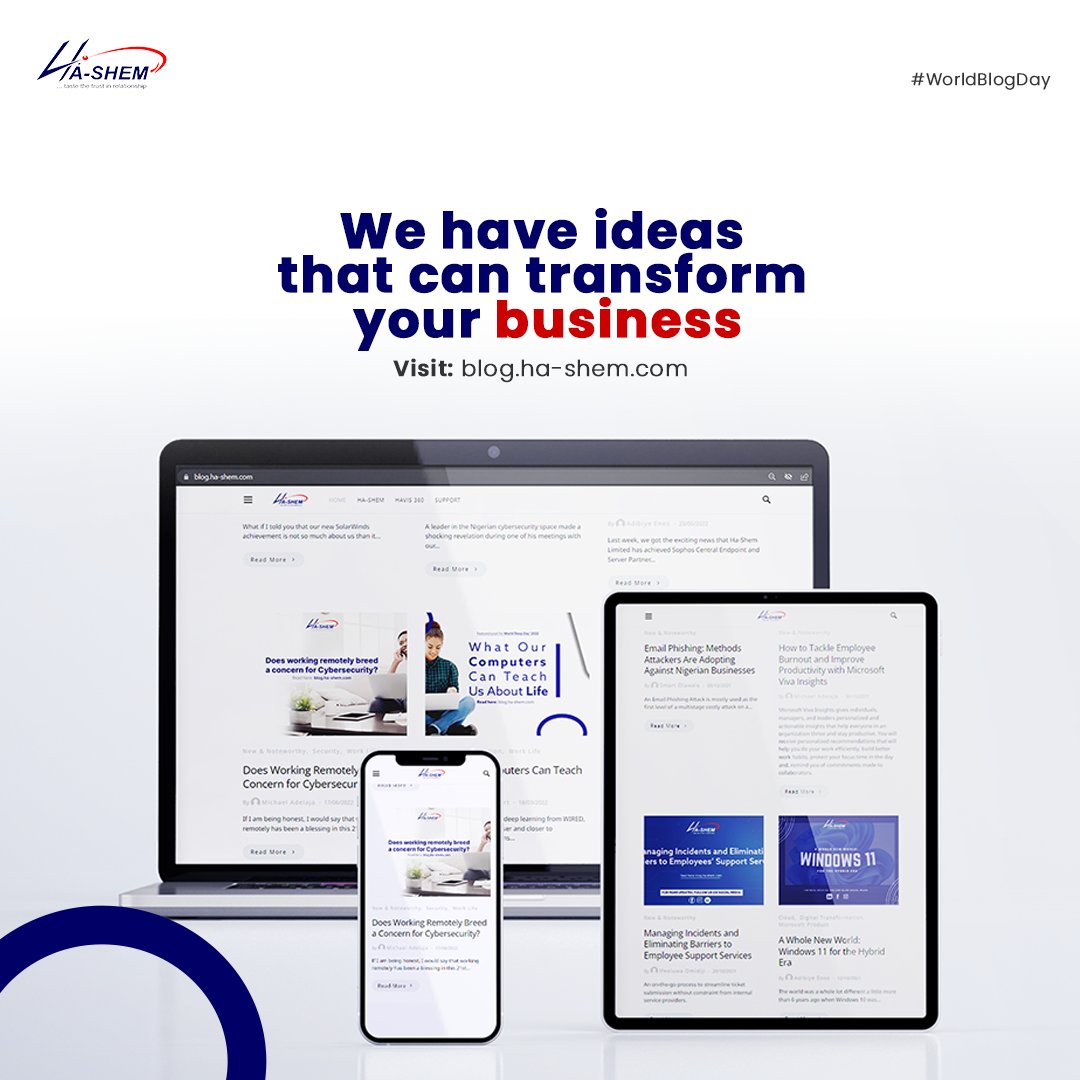 HaShemLimited's tweet photo. Got a minute? 
Visit https://t.co/V55r5AThsJ to read on your favourite I.T. topics – #Cybersecurity, #CloudComputing, Modern Workplace, #Networking and more. 💪🏼

#WorldBlogDay #Blog #BloggingCommunity https://t.co/zmYDwS0uCm