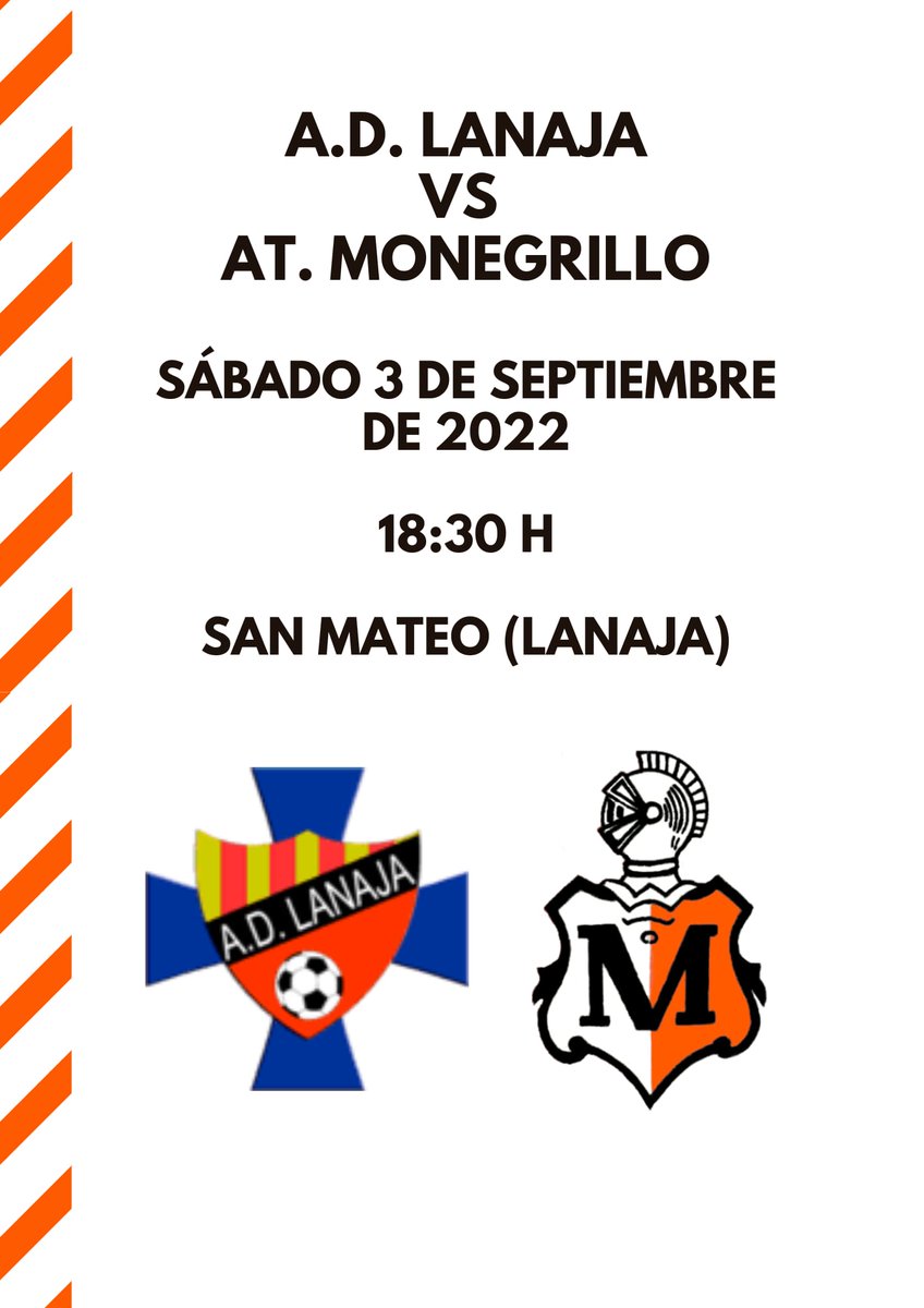 El sábado nos desplazaremos hasta la vecina localidad de Lanaja para jugar nuestro segundo y ultimo partido de pretemporada 🆚 <a href="/AD_LANAJA/">AD Lanaja</a>

📅Sábado 03/09/2022
⌚18:30
📍Campo de futbol San Mateo (Lanaja)

Os esperamos a todos!!