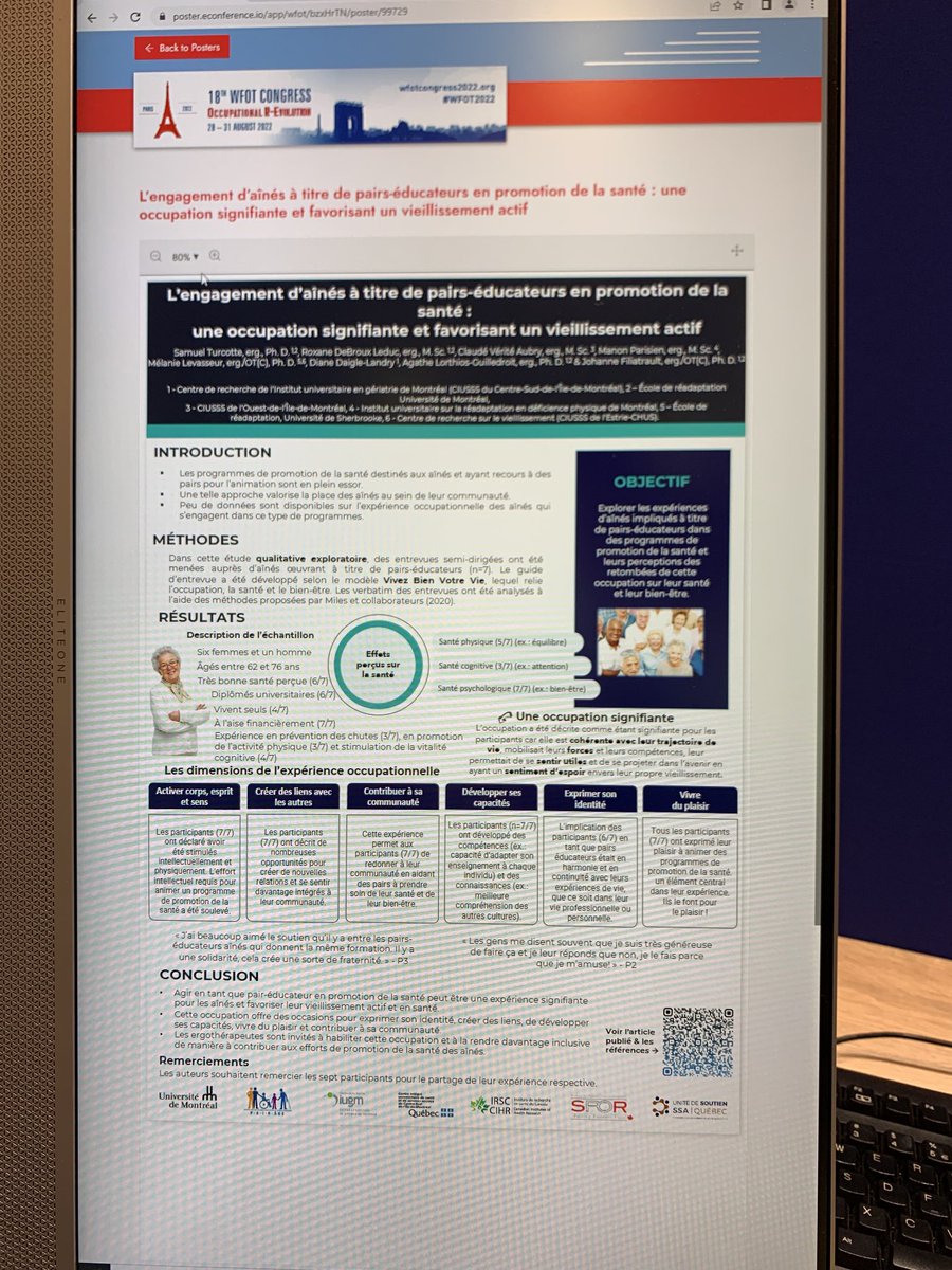 Privileged to be involved in this great research with older adults as peer educators with Samuel Turcotte and Johanne Filiatrault. Don’t miss seeing it at #WFOT2022