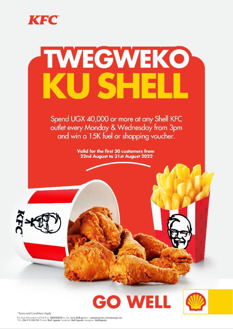 Make your WCW or MCM smile today with the #TwegwekoKuShell offer where you spend 40k at KFC and win a 15k fuel or shopping voucher!
This offer is only valid from 3PM Today!
