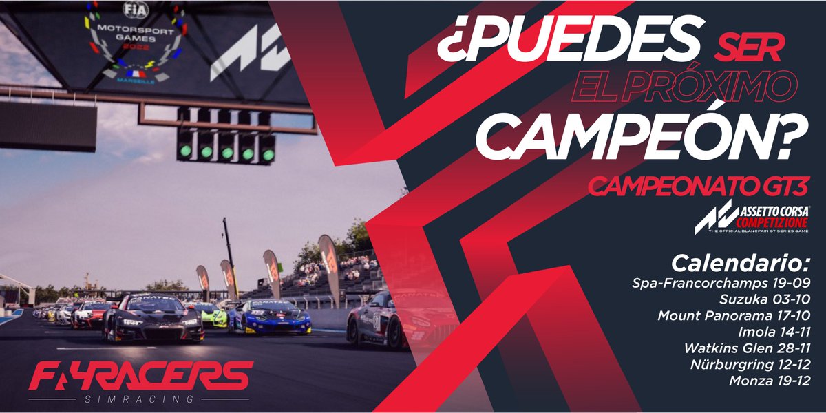 FA4RACERS's tweet photo. Nos complace anunciar el nuevo campeonato de #AssettoCorsaCompetizione que tendrá lugar los Lunes a las 22.30 en las fechas marcadas. Déjanos un comentario si te quieres apuntar. Ya hay inscritos de los grupos de Telegram... You dont walk alone!!! https://t.co/Tq7Y2NoXrA