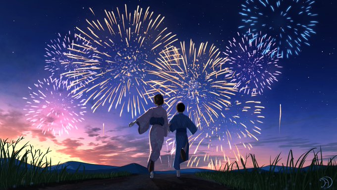 「aerial fireworks from behind」 illustration images(Latest)
