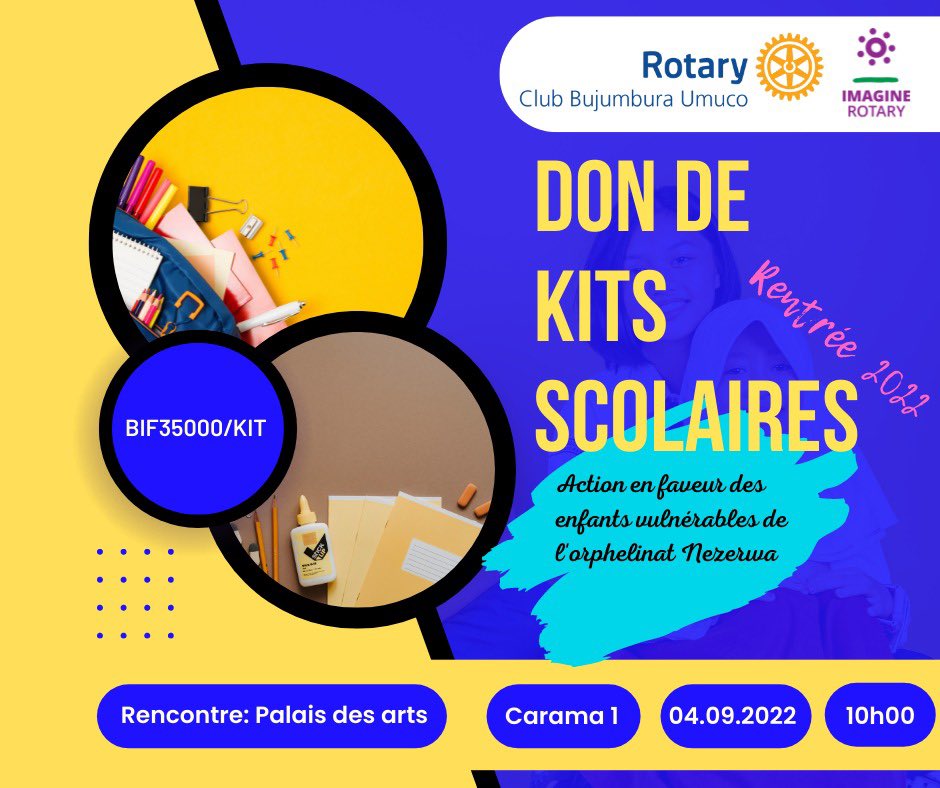 Join us this Sunday, September 4, as we donate school kits to children living at Nezerwa Orphanage in Carama, Bujumbura.
<a href="/BurundiRotary/">Rotary Burundi</a> <a href="/Rotary9150/">Rotary District 9150</a>