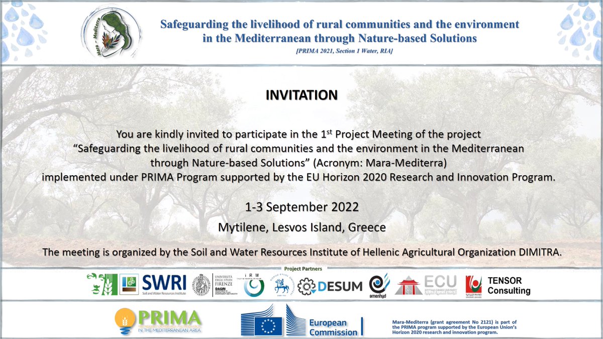 MaraMediterra's tweet photo. ➡Ⓢⓐⓥⓔ ⓣⓗⓔ Ⓓⓐⓣⓔ⬅
📌 #MaraMediterra 1st Project Meeting
📅 01 - 03 September 2022
🗺 Mytilene, Lesvos Island, Greece🇬🇷
-------------------------
#PrimaProgram #EUHorizon2020 #EUCommission #EU #Mediterranean #Research #Innovation #NbS #NbSs #Water #eipagri https://t.co/ESwJG4Um5T