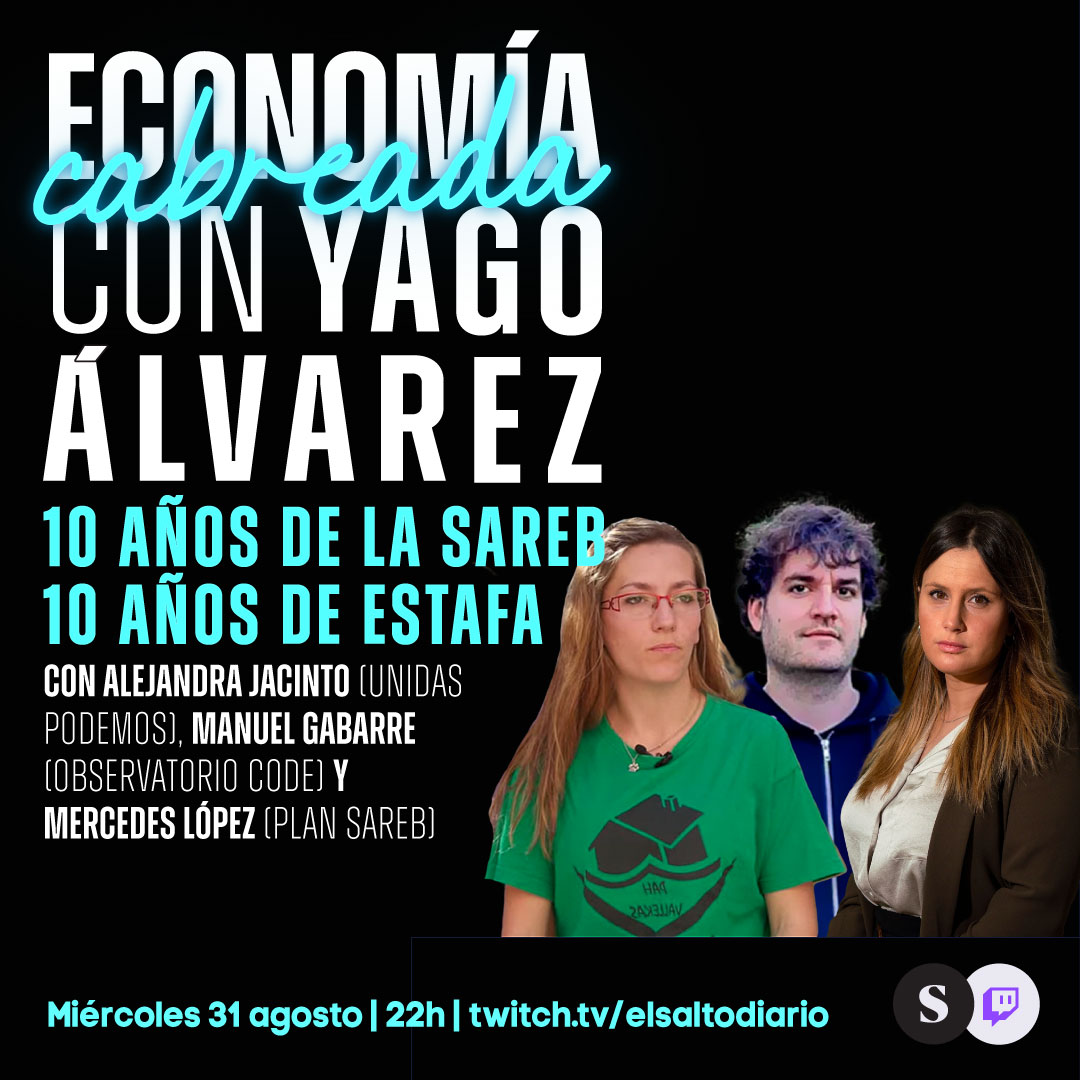 EconoCabreado's tweet photo. hoy volvemos al Twitch de @ElSaltoDiario.
10 años de la Sareb, 10 años de estafa con:
-@merlopezvk de @PlanSareb 
-@ManuelGabarre3 de @Observa_CODE 
-@AleJacintoUrang de @PODEMOS 
Aquí en horario nocturno 22h: https://t.co/01QLOq48hq https://t.co/7G7ZODWWoZ