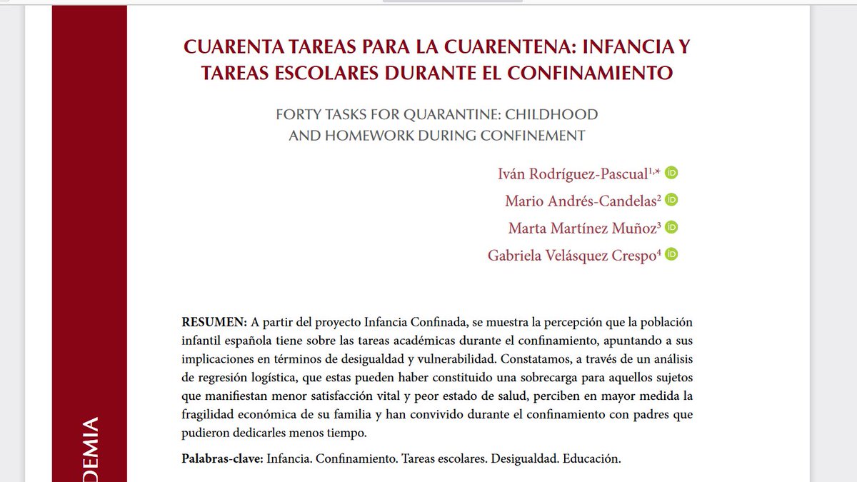 ivnrguez's tweet photo. Puede que a todo el mundo le parezca ya lejano el tiempo del confinamiento pero algunos hemos seguido investigando sobre él. Os presento la última publicación ligada al informe @IConfinada sobre el papel que tuvieron las tareas escolares. acceso: https://t.co/czomIrXICK https://t.co/pykOeD8WIj