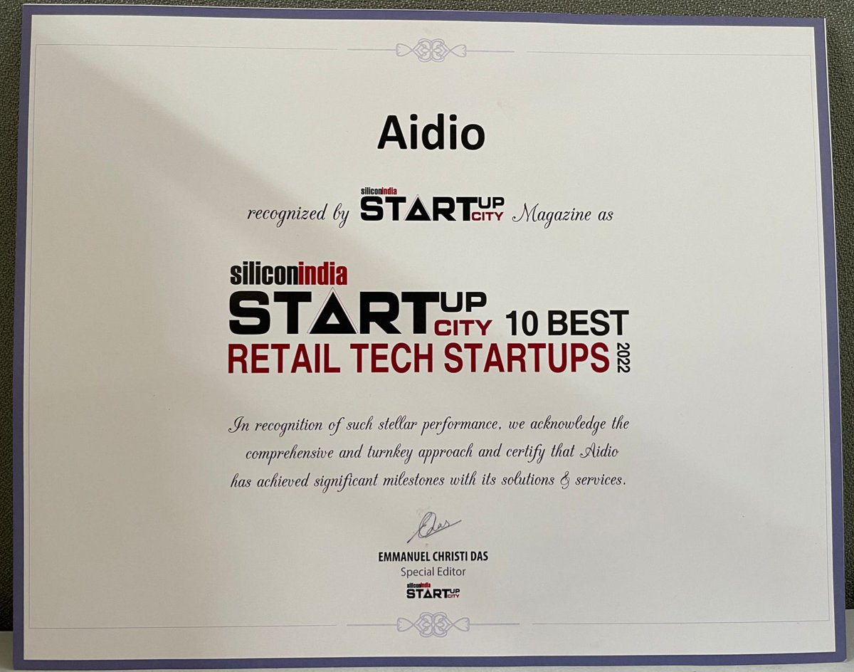 aidio_india's tweet photo. We are happy to share that Aidio is recognized as one of the best Retail Tech Startup by @SINewsUpdates 

https://t.co/4DNkVVe4E0

#recognition #top10 #startup #startupIndia #makeinindia #siliconindia https://t.co/B8XtG0HOAt