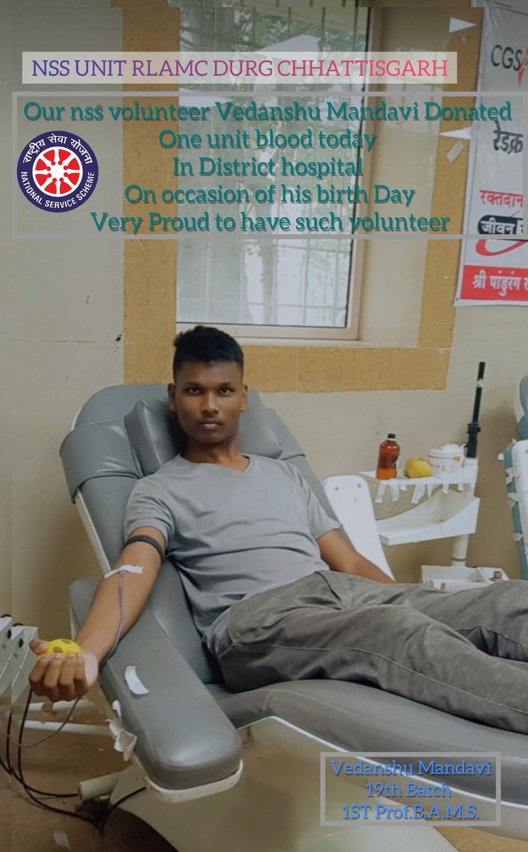Nss_Rlamc's tweet photo. On occasion of his birth Day our nss volunteer Vedanshu Mandavi Donated 1 unit blood in district hospital durg Chhattisgarh 
We are very proud to have such volunteer.Wishing him a day with full of happiness &amp; great birth day. https://t.co/6gVKAoM9n9