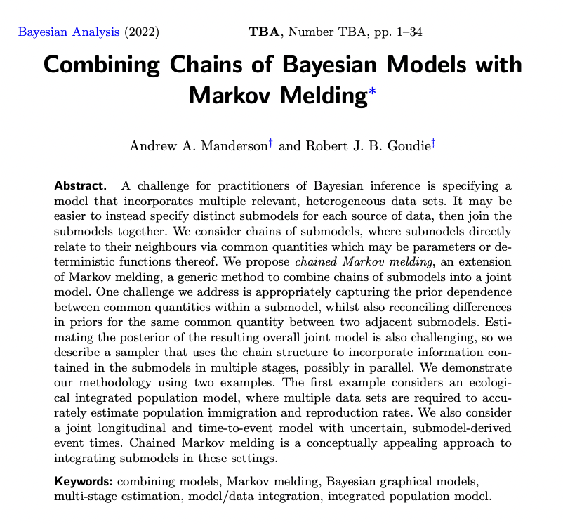 New at Bayesian Analysis by Andrew Manderson <a href="/hhau_stats/">Andrew Manderson</a> <a href="/MRC_BSU/">MRC Biostatistics Unit</a> <a href="/turinginst/">The Alan Turing Institute</a> and me

Shows how to form a single Bayesian joint model from a “chain” of submodels

Applications include joint time-to-event analysis w/ uncertain times

doi.org/10.1214/22-BA1…
github.com/hhau/melding-m…