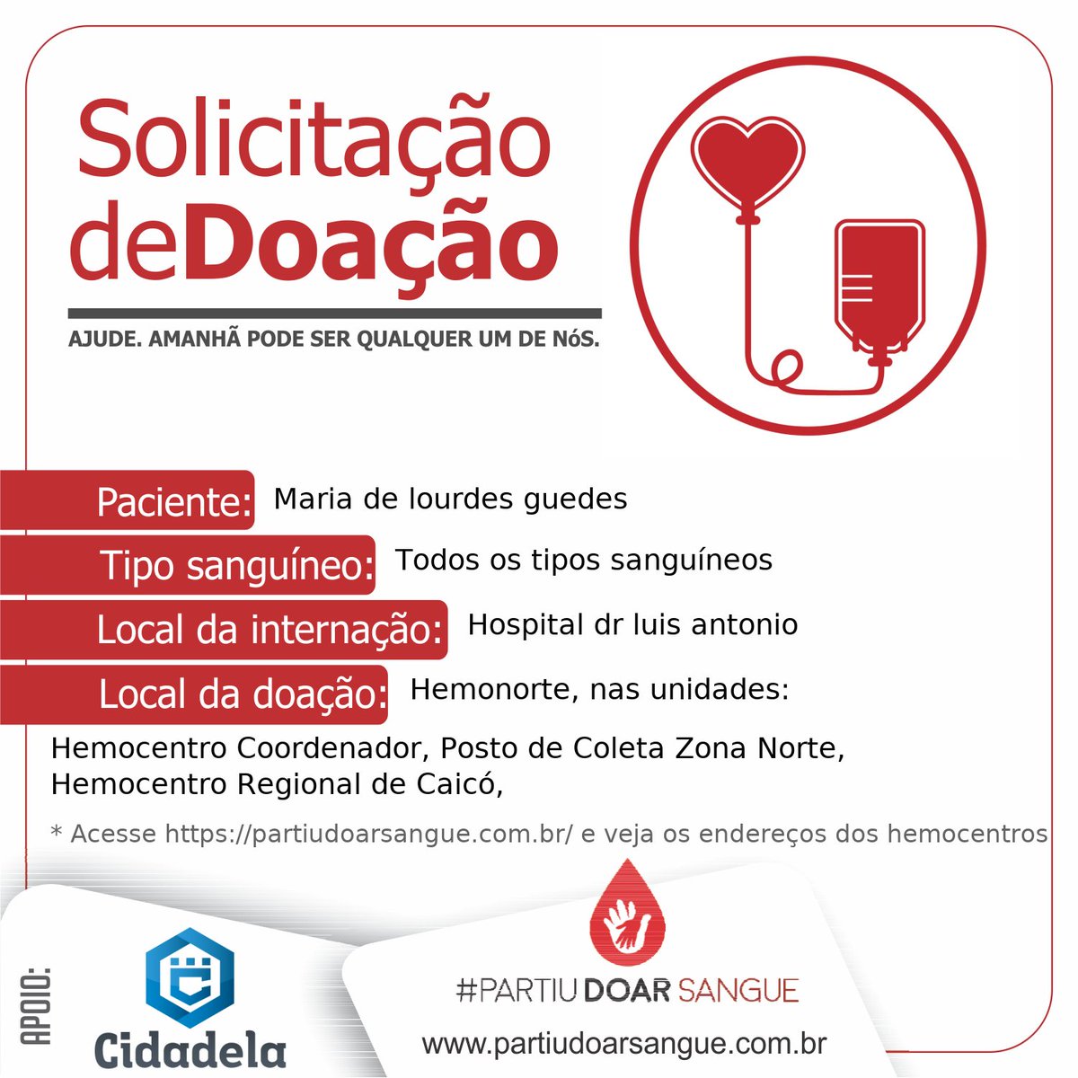 partiudoar's tweet photo. Hoje é a Maria. Amanhã pode ser qualquer um de nós.
Doações no Hemonorte
#Partiudoarsangue #doesangue #doevida #WeMakeDigitalHealth https://t.co/A4kOn010ND