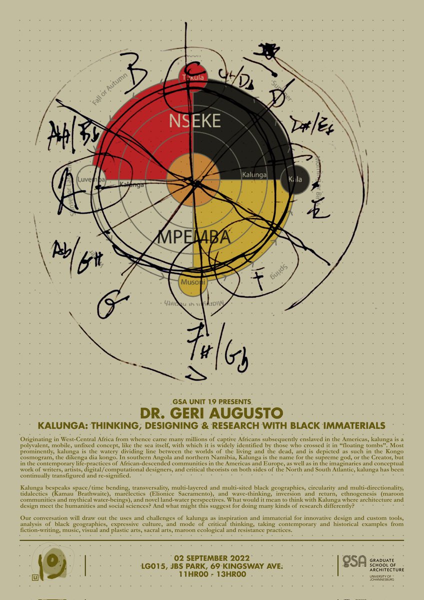 ujipatc's tweet image. You are warmly invited to join Dr. Geri Augusto's talks titled: "Kalunga: Thinking, Designing &amp;amp; Research with Black Immaterials" at the JBS Park this FRIDAY.
 
As per protocol, please bring your UJ staff or student access card to attend. Enjoy! #kalunga #blackimmaterials👥️️