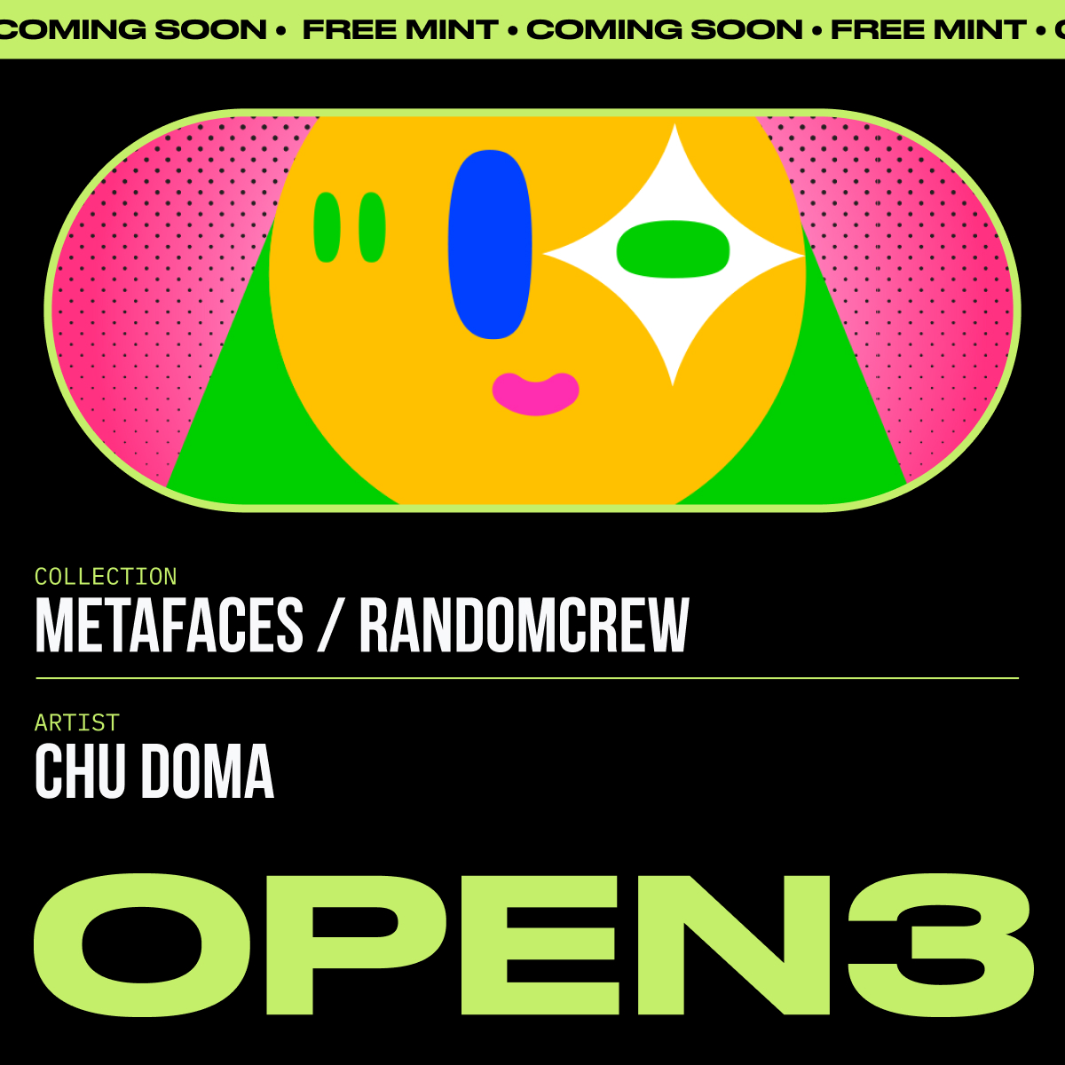 #newdrop #today !!
METAFACES #RANDOMCREW > <a href="/withopen3/">open3</a> 
#FREEMINTS Generative Creatures  #ETH 

open3.com/projects/metaf…

#generative #pfp  #FreeMints  #characterdesign #avatar #generativeart #free