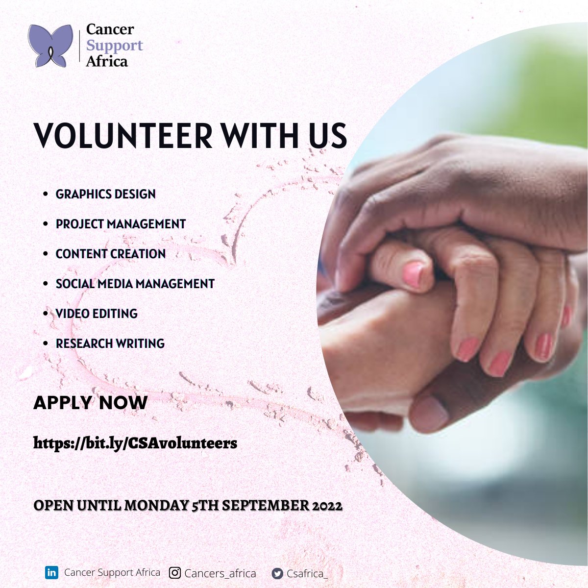 Are you passionate about cancer advocacy, care and research?

Are you yet volunteer with us? 

Match your passion with action. 

bit.ly/CSAvolunteers

Deadline 
5th September 2022

#cancersupportcommunity #volunteer #volunteersneeded