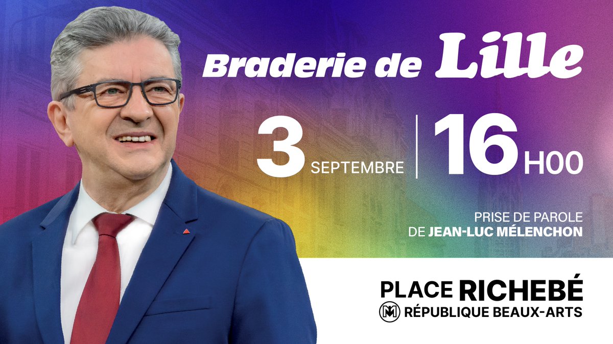 AQuatennens's tweet image. 🔴 ÉVÉNEMENT - Jean-Luc Mélenchon à la Braderie de Lille ! #MelenchonLille

🗓 Rendez-vous ce samedi 3 septembre à 16h00, place Richebé, pour une prise de parole de @JLMelenchon à la #BraderiedeLille 

➜  Rejoignez l'événement : fb.me/e/1KgNFFJZ9
