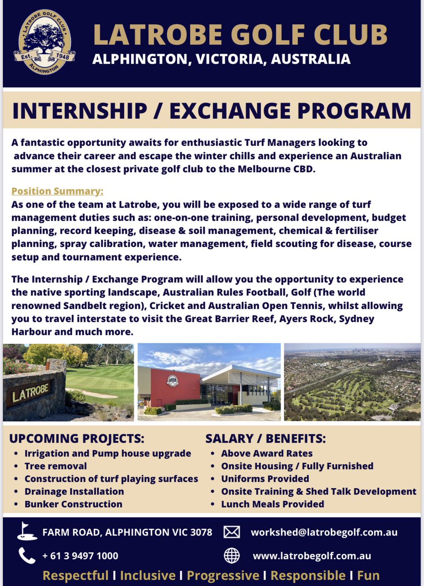 nturner1989's tweet image. Please find this fantastic opportunity for my international friends, to join our team down here Australia.  
Latrobe is a picturesque Private Golf Club nestled along the banks of the Yarra River, just 7km from Melbourne CBD.