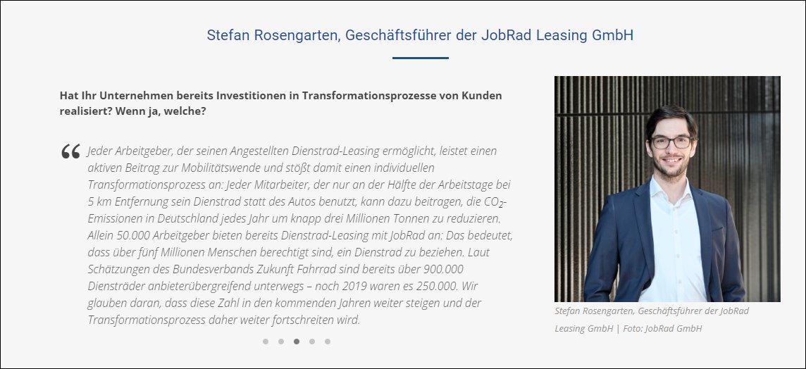 "Jeder Arbeitgeber, der seinen Angestellten Dienstrad-Leasing ermöglicht, leistet einen aktiven Beitrag zur Mobilitätswende und stößt einen individ. Transformationsprozess an," Stefan Rosengarten, <a href="/dienstfahrrad/">JobRad</a> JobRad Leasing, im #BDLJahresbericht22:  ogy.de/tosg