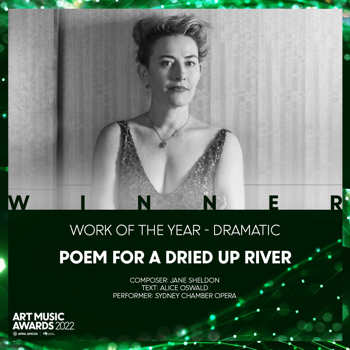APRAAMCOS's tweet photo. The winner of Work of the Year: Dramatic is ‘poem for a dried up river’ by Jane Sheldon; text by Alice Oswald; performed by Sydney Chamber Opera
#artmusicawards https://t.co/nWJCYLkzSk