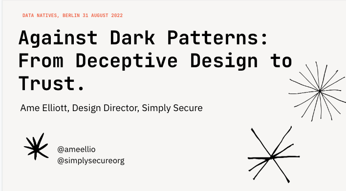 Ame Elliott (@ameellio) on Twitter photo Hello @datanatives I'm looking forward to speaking today at 14:55 on the Data Science stage about how to combat deceptive design, sharing work from <a href="/webfoundation/">World Wide Web Foundation</a> Tech Policy Design Lab w/ <a href="/simplysecureorg/">Simply Secure</a> @3x3design #DN22 Hello @datanatives I'm looking forward to speaking today at 14:55 on the Data Science stage about how to combat deceptive design, sharing work from <a href="/webfoundation/">World Wide Web Foundation</a> Tech Policy Design Lab w/ <a href="/simplysecureorg/">Simply Secure</a> @3x3design #DN22