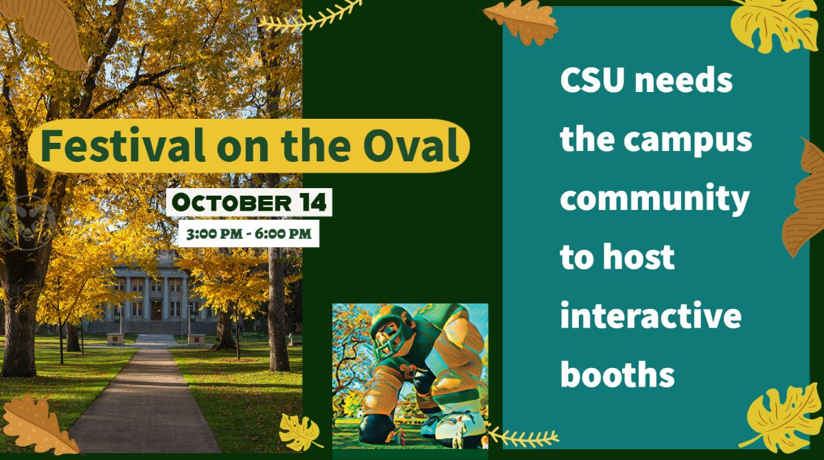 CSUSTEM's tweet photo. @ColoradoStateU wants #CSUHomecoming2022🏈to be fun for everyone #CSUEngagement, which means having our CSU community host an interactive booth for the #FestivalOnTheOval, October 14th, 3-6pm. Register your booth by Sept 9th here: https://t.co/tS5JWih0Ba https://t.co/ejxD1uB8hh