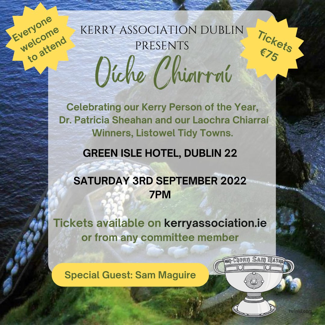 KerryAssoc's tweet image. Sam Maguire has just confirmed his attendance to Oíche Chiarraí this Saturday to add to the celebrations! 
@DingleWhiskey will also be sponsoring a Gin reception &amp;amp; 'No Strings Attached' will provide entertainment.
Tickets available from kerryassociation.ie/purchase-ticke…
#Kerry #KerryEvents